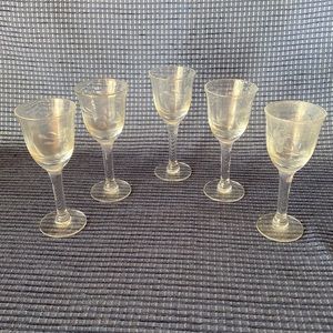 Set of 5 Antique Blown Cut Crystal Claret Wine Glasses